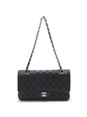 Chanel Quilted Double Flap 25 Chain Shoulder Bag Black Silver Caviar